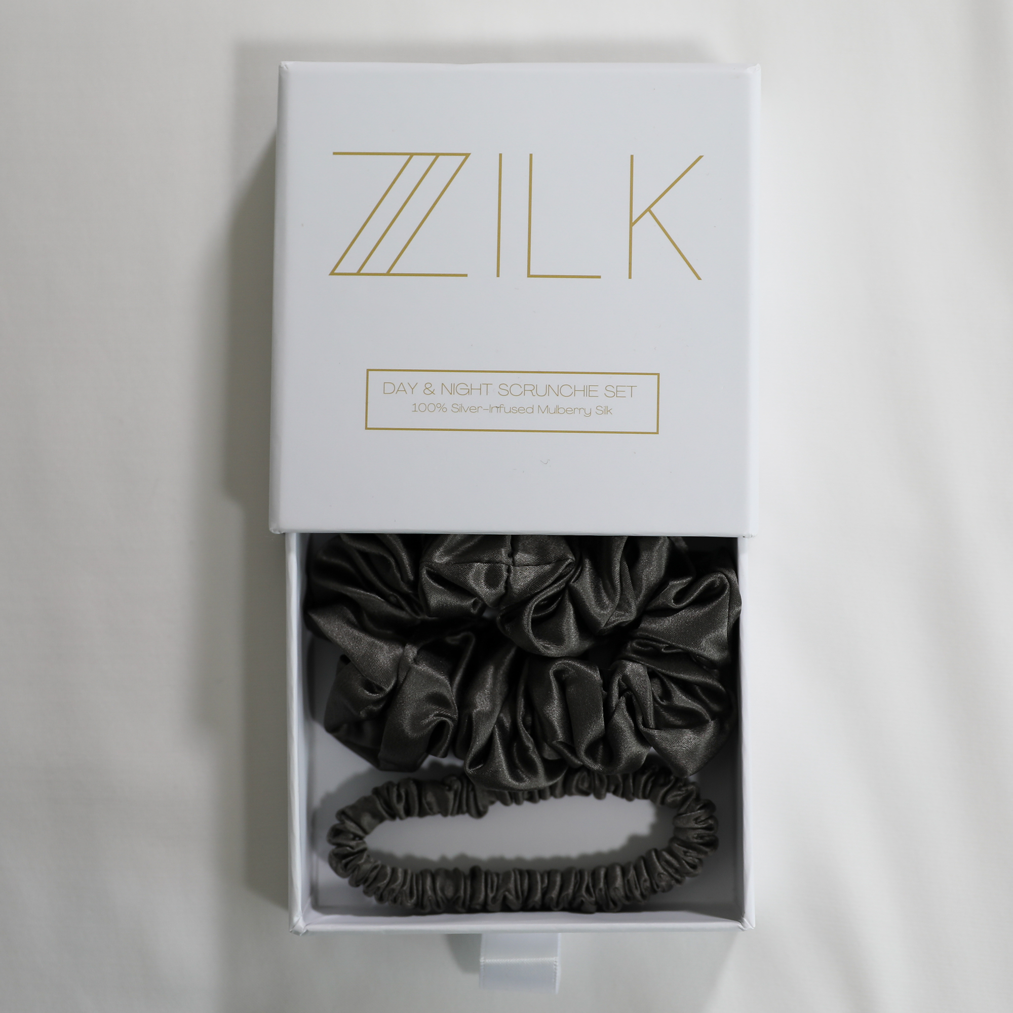Premium 100% Silk Scrunchies | Thick & Thin, Set of 2 | Charcoal Grey