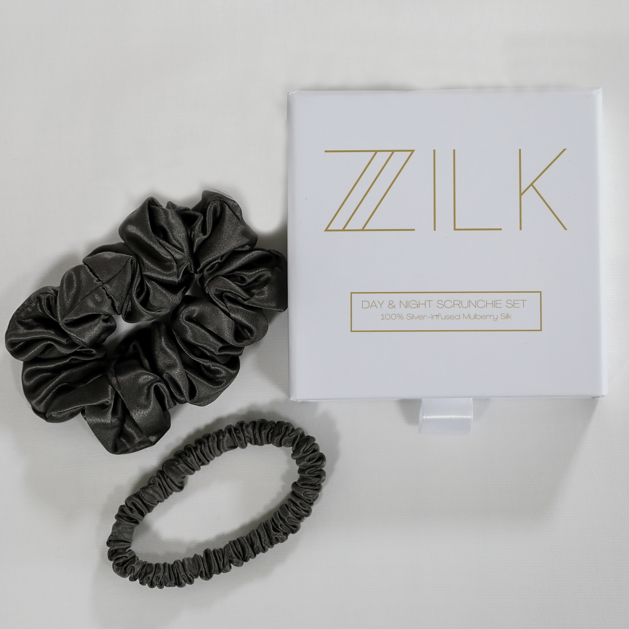 Premium 100% Silk Scrunchies | Thick & Thin, Set of 2 | Charcoal Grey