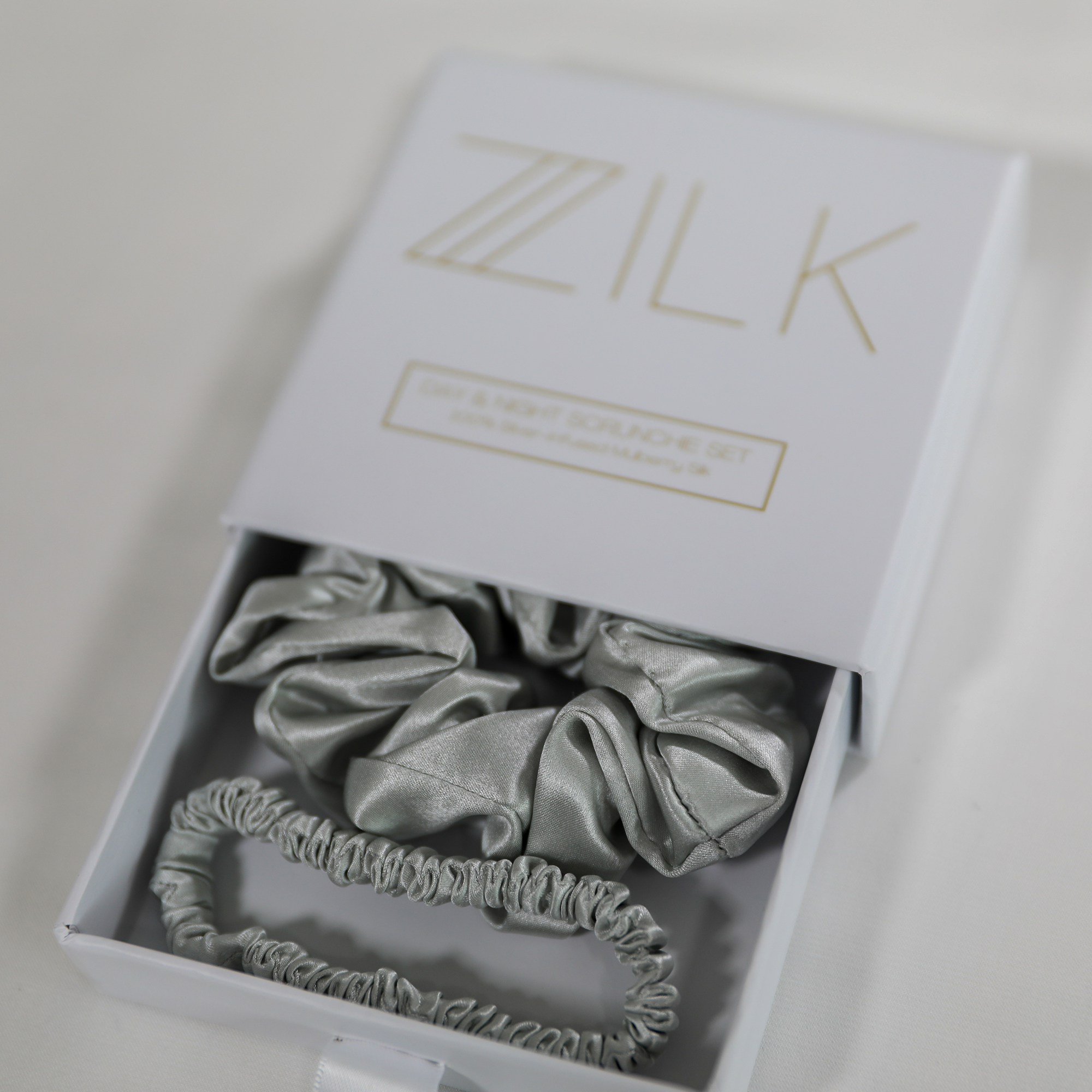 Premium 100% Silk Scrunchies | Thick & Thin, Set of 2 | Steel Grey