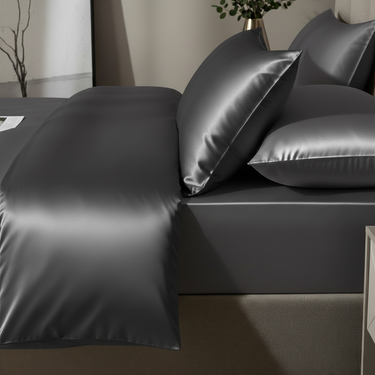 ZILK silk fitted sheet styled on bed in Darkgray