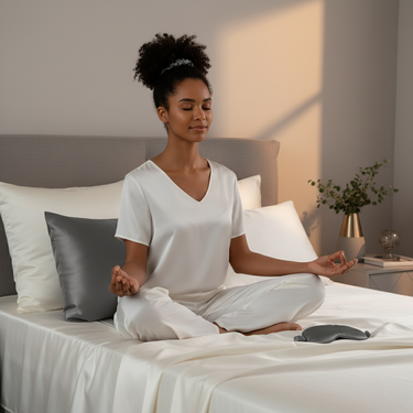 ZILK silk sleep kit in Darkgray styled on bed with pillowcase, mask, and scrunchies