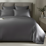 ZILK Darkgray silk duvet cover on bed, full view