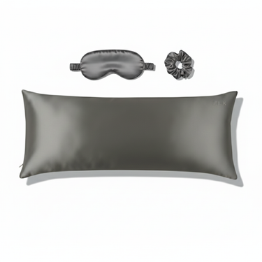 ZILK Darkgray silk sleep kit with pillowcase, eye mask, and scrunchies