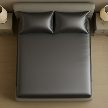 ZILK Darkgray silk fitted sheet on bed, full view