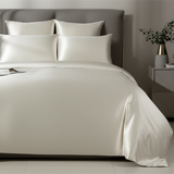 ZILK Ivory silk duvet cover on bed, full view
