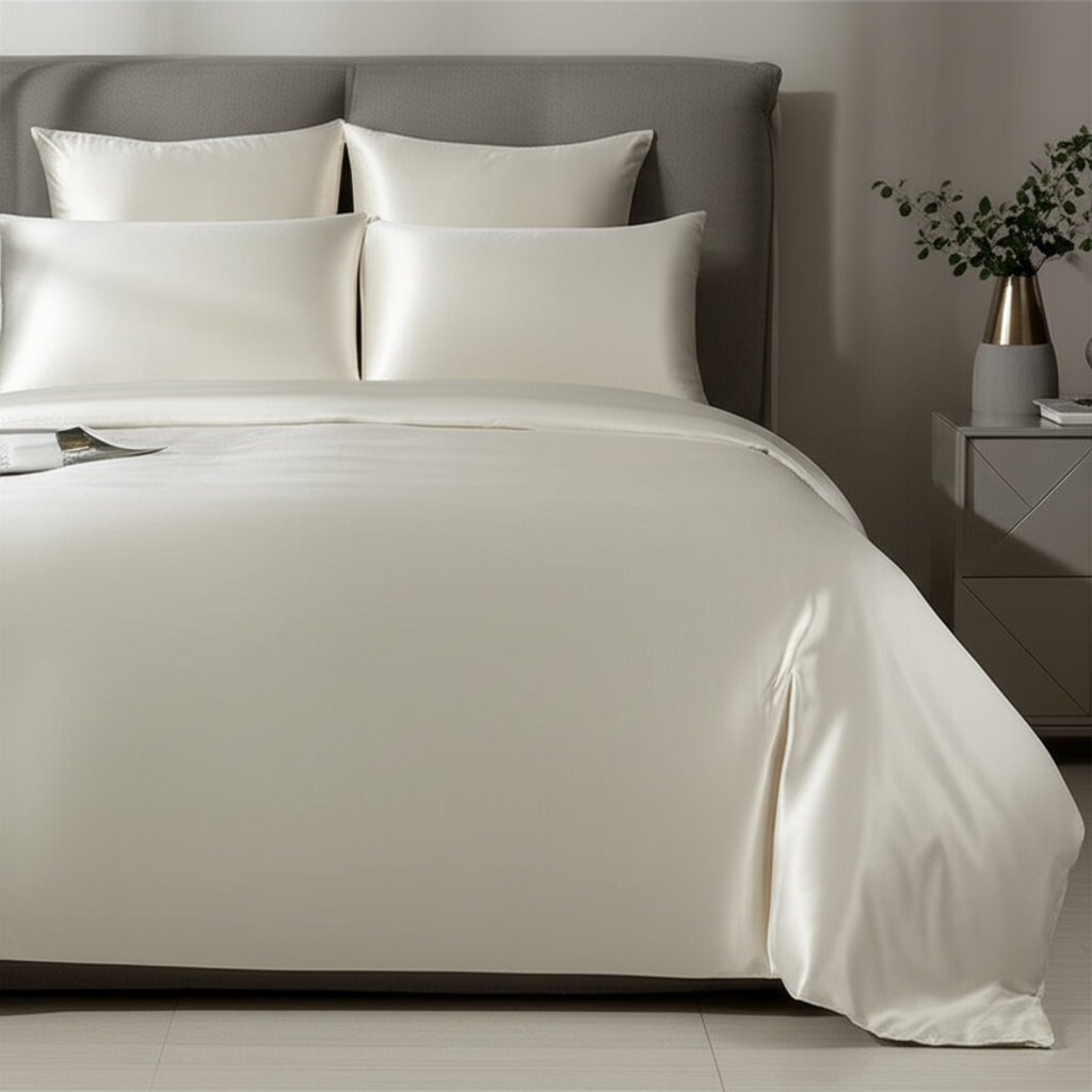 Ivory silk bedding set on a modern bed — ZILK 25-momme silver-infused silk pillowcases and duvet cover for better sleep, skin, and hair.