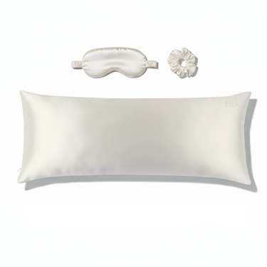 ZILK Ivory silk sleep kit with pillowcase, eye mask, and scrunchies
