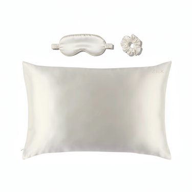 ZILK Ivory silk sleep kit with pillowcase, eye mask, and scrunchies