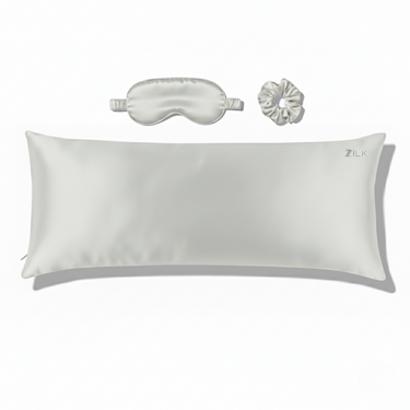 ZILK LightGray silk sleep kit with pillowcase, eye mask, and scrunchies