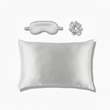 ZILK LightGray silk sleep kit packaged in box with pillowcase, mask, and scrunchies