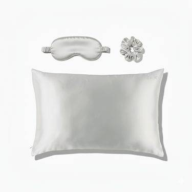 ZILK LightGray silk sleep kit packaged in box with pillowcase, mask, and scrunchies