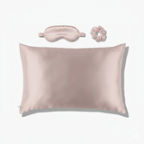 ZILK LightPink silk sleep kit with pillowcase, eye mask, and scrunchies