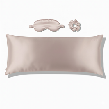 ZILK Lightpink silk sleep kit with pillowcase, eye mask, and scrunchies