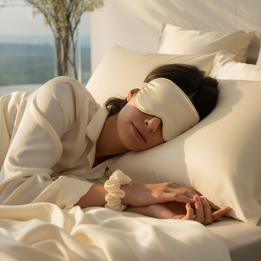 Woman sleeping with ivory silk sleep mask and scrunchie on ZILK silk pillowcase — 25-momme silver-infused silk for better sleep, skin, and hair.