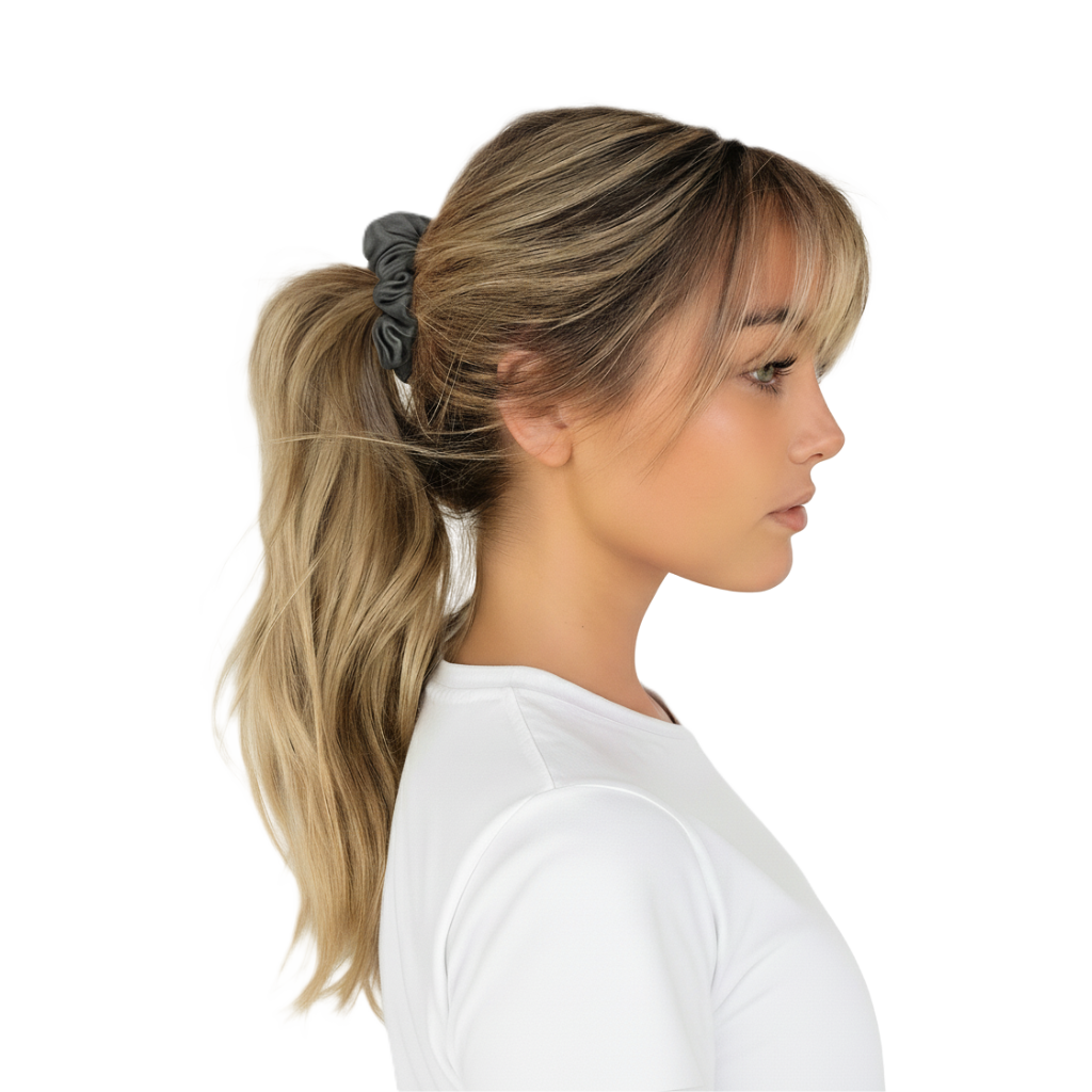 Woman wearing a dark gray ZILK silk scrunchie in her hair — 25-momme mulberry silk helps prevent breakage and frizz.