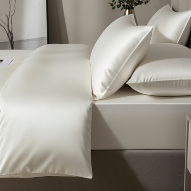 ZILK silk duvet cover styled on bed with matching pillowcases in White