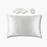 ZILK White silk sleep kit with pillowcase, eye mask, and scrunchies