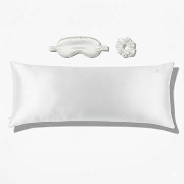 ZILK White silk sleep kit with pillowcase, eye mask, and scrunchies