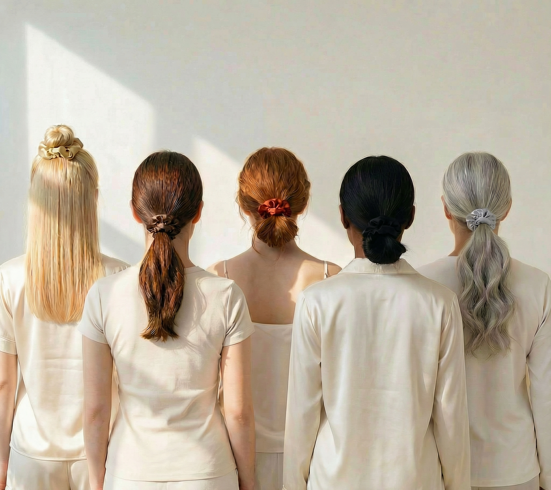 Woman wearing a dark gray ZILK silk scrunchie in her hair — 25-momme mulberry silk helps prevent breakage and frizz.