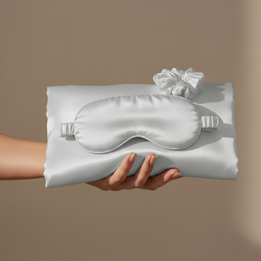 ZILK lightgray silk sleep kit gift bundle with pillowcase, mask, and scrunchies